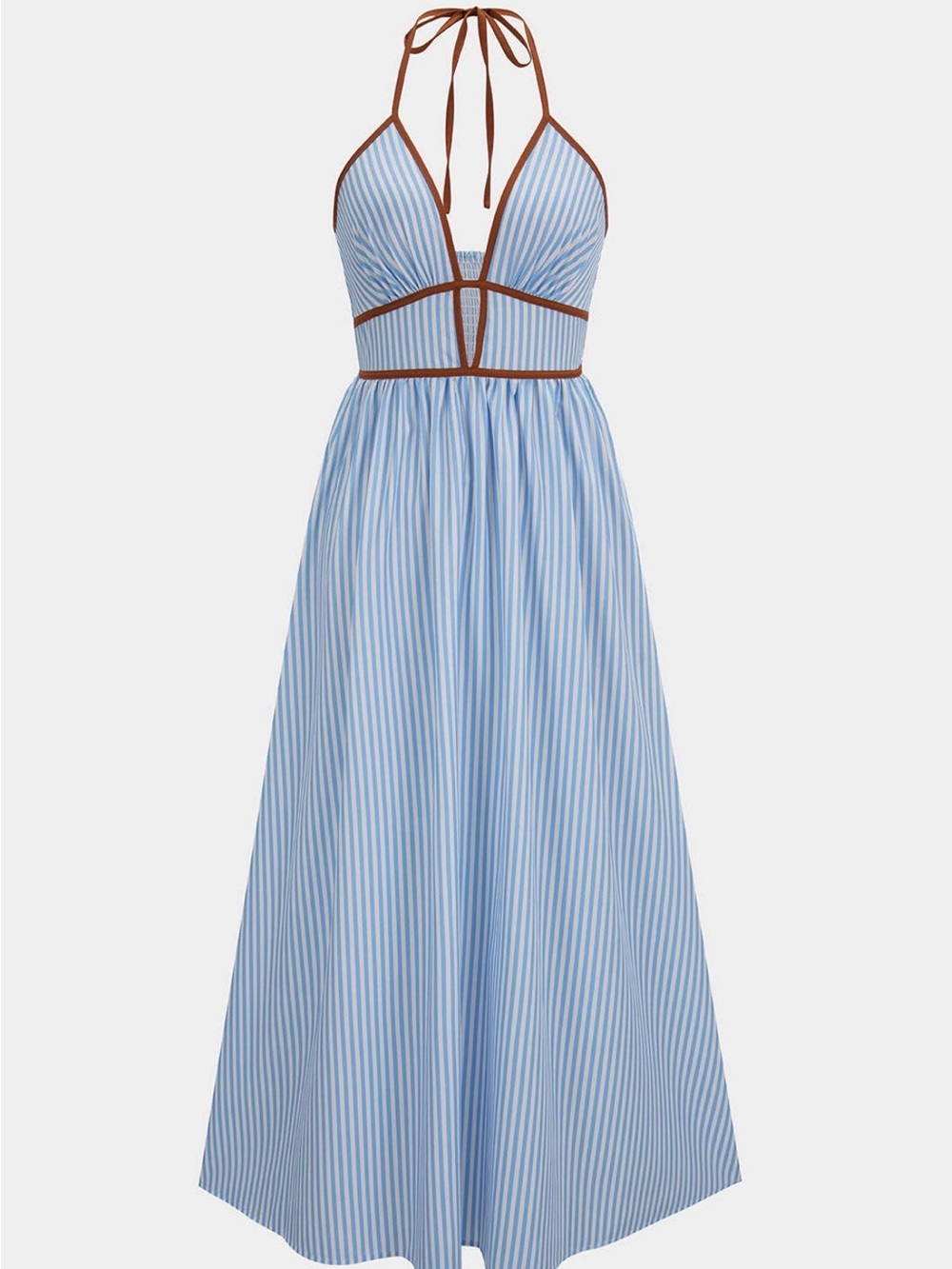 Striped Blue Halter Maxi Dress with Brown Trim